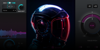 Obraz przedstawia futurystyczny hełm z czerwonymi i niebieskimi akcentami świetlnymi, otoczony elementami interfejsu graficznego z wykresami i pokrętłami. Widoczne są wskaźniki i suwaki z oznaczeniami takimi jak \'TUNE\', \'AMOUNT\' oraz \'VOICE PITCH\'.