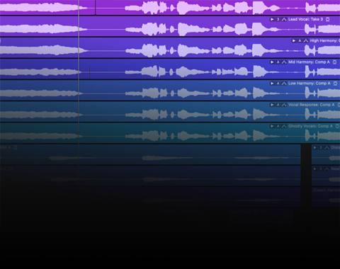 Obraz przedstawia ekran z programem do edycji dźwięku, na którym widoczne są ścieżki audio w różnych kolorach, takich jak fioletowy i niebieski. Każda ścieżka zawiera falę dźwiękową oraz etykiety tekstowe, takie jak \'Lead Vocal Take 3\' i \'High Harmony\'.