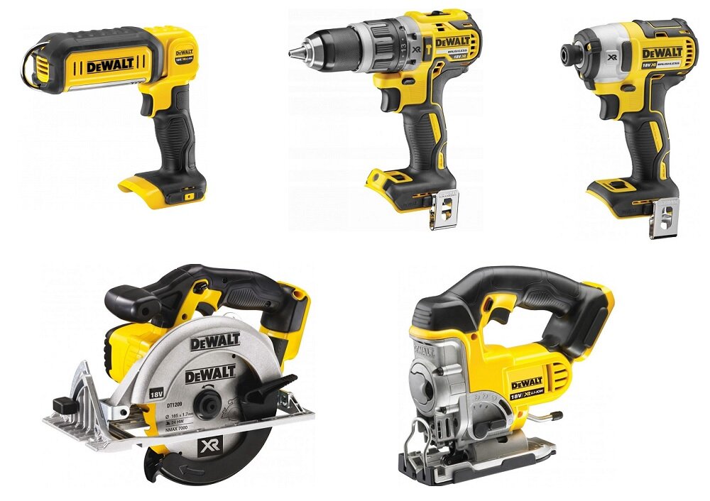 Na obrazie widoczny jest zestaw pięciu elektronarzędzi marki DEWALT, w tym wiertarka, wkrętarka, piła tarczowa, wyrzynarka i latarka. Wszystkie narzędzia mają charakterystyczne żółto-czarne wykończenie z widocznym logo DEWALT.