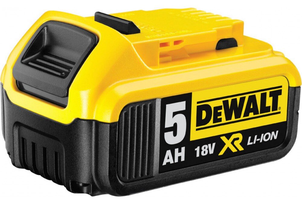 Na obrazie widoczny jest akumulator w kolorze żółto-czarnym z oznaczeniami: \'5 AH\', \'18V\', \'XR\', \'LI-ION\' oraz logo \'DEWALT\'.