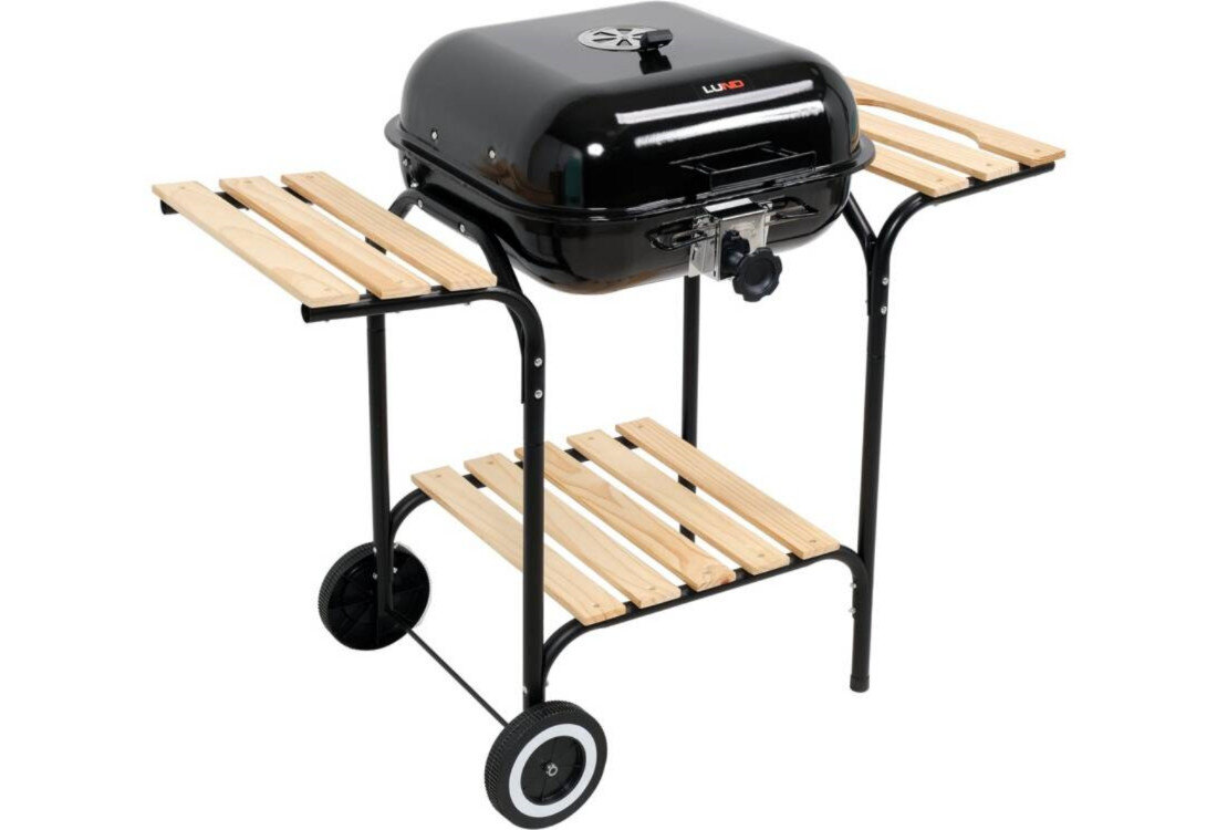 Grill węglowy LUND 99905 40 x 45 cm regulacja powietrza Dwie drewniane półki boczne dolna półka Kółka transportowe regulowane przesłony kontrolę cyrkulacji powietrza