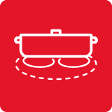 Czerwona ikona przedstawiająca biały kontur garnka z pokrywką, umieszczonego nad dwoma okręgami symbolizującymi pola grzewcze.