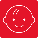 Czerwona ikona z białym konturem uśmiechniętej twarzy dziecka.