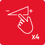 Czerwona ikona z białym symbolem dłoni dotykającej trójkąt z oznaczeniami minus i plus oraz tekstem \'x4\'.