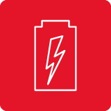 Czerwona ikona z białym symbolem baterii i błyskawicy w środku.