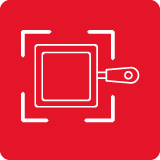 Czerwona ikona z białym symbolem patelni w kwadratowej ramce.