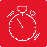 Czerwona ikona przedstawiająca biały stoper z dwoma przyciskami na górze. Wskazówki stopera są ustawione na godzinę 10:10.