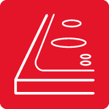 Czerwony kwadrat z białym konturem płyty indukcyjnej i symbolami palników.