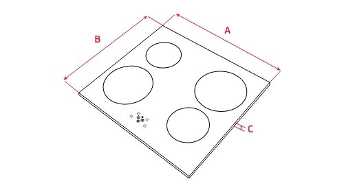 Schemat płyty indukcyjnej z czterema okrągłymi polami grzewczymi i oznaczeniami A, B, C wskazującymi wymiary. Na powierzchni widoczne są symbole sterowania dotykowego.