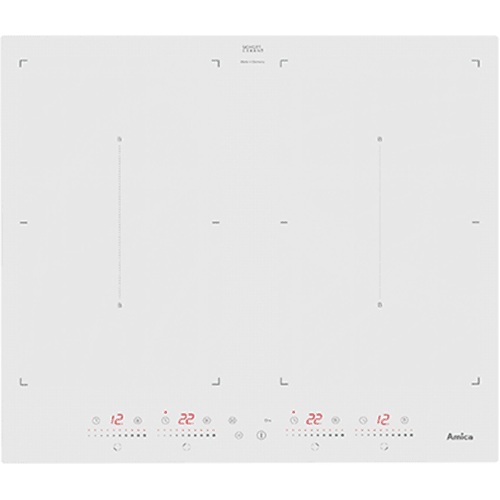 Biała płyta indukcyjna z czterema strefami grzewczymi, posiada dotykowy panel sterowania z czerwonymi wyświetlaczami. Widoczne logo: Amica.