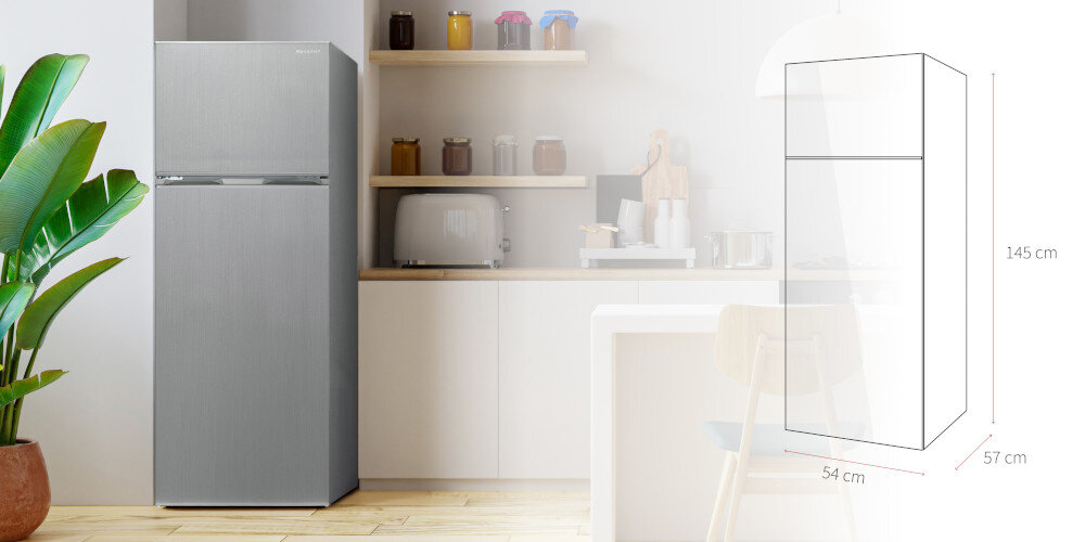 Lodówka w kolorze inox stoi w nowoczesnej kuchni obok rośliny w doniczce. Obok lodówki widoczny jest schemat z wymiarami: 145 cm wysokości, 54 cm szerokości, 57 cm głębokości.
