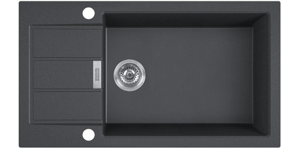 Na obrazie widoczny jest czarny zlewozmywak jednokomorowy z ociekaczem. Na ociekaczu znajduje się logo \'FRANKE\'.