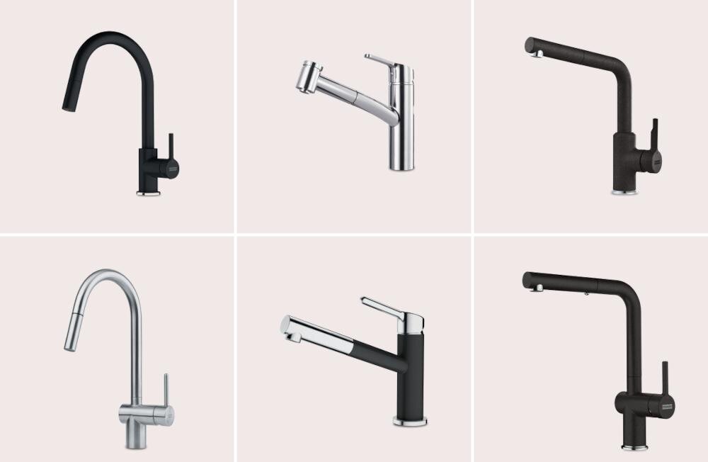 Obraz przedstawia sześć różnych modeli baterii kuchennych w dwóch rzędach. Baterie mają różne kształty i kolory, w tym czarny i chromowany.