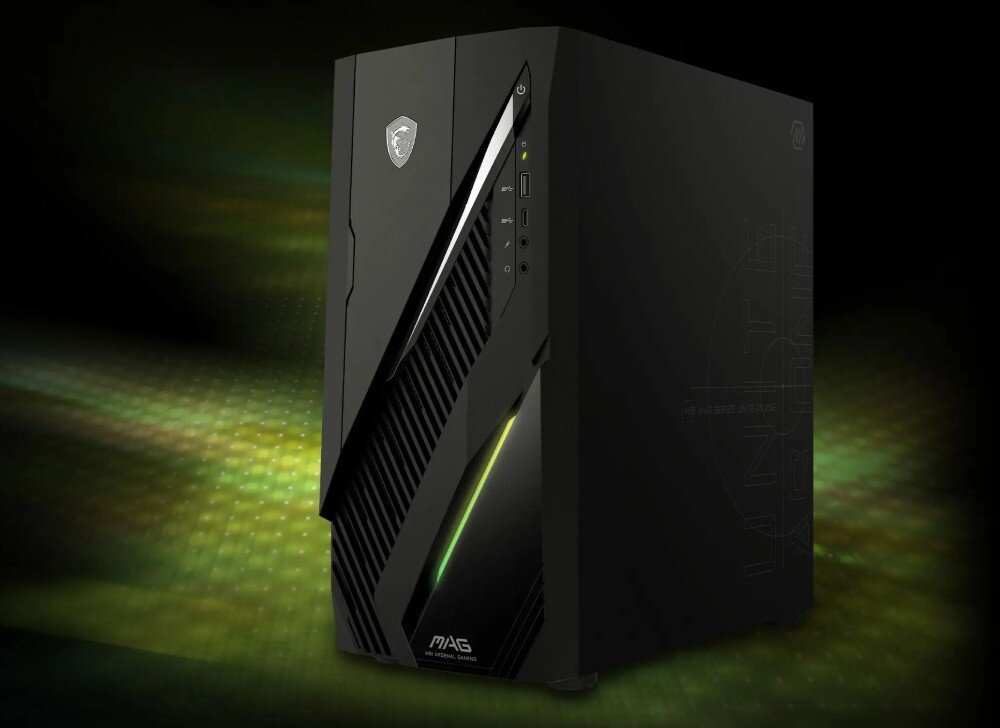 Czarny komputer stacjonarny z podświetleniem LED na przednim panelu. Widoczne logo producenta oraz napisy \'MAG\' i \'MSI\'.