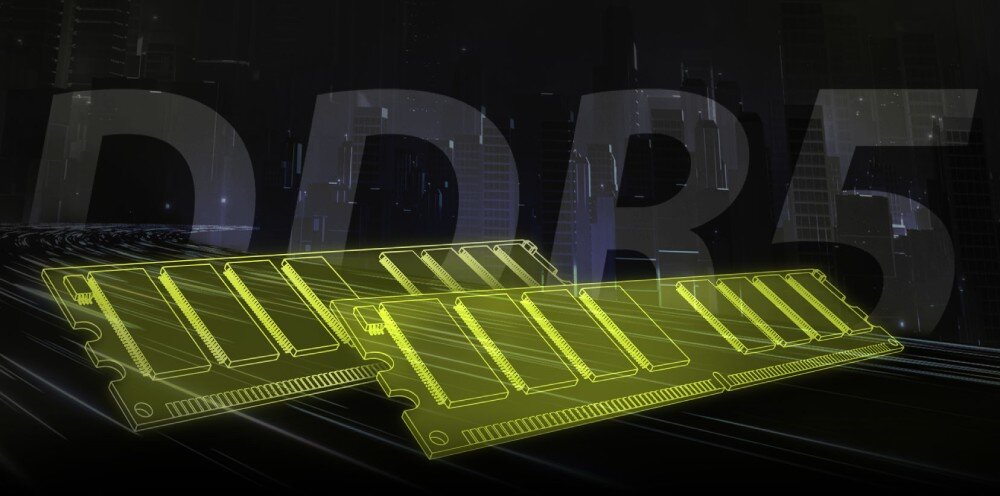 Obraz przedstawia dwie żółte kości pamięci RAM na ciemnym tle z dużym napisem \'DDR5\'.