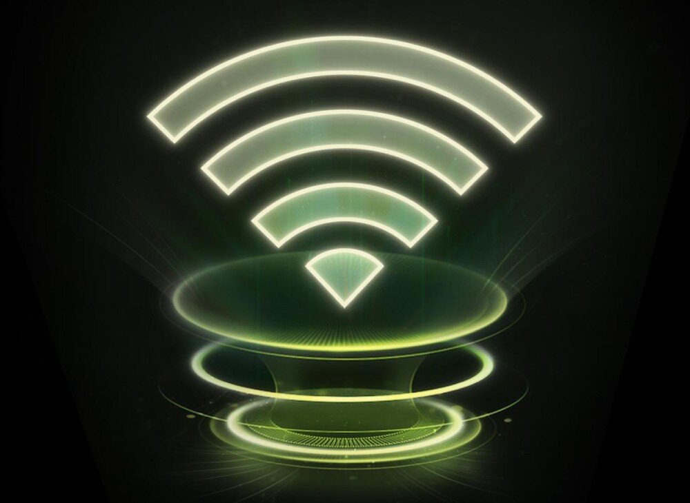 Obraz przedstawia symbol Wi-Fi w kolorze zielonym na ciemnym tle, z efektem świetlnym wokół niego.