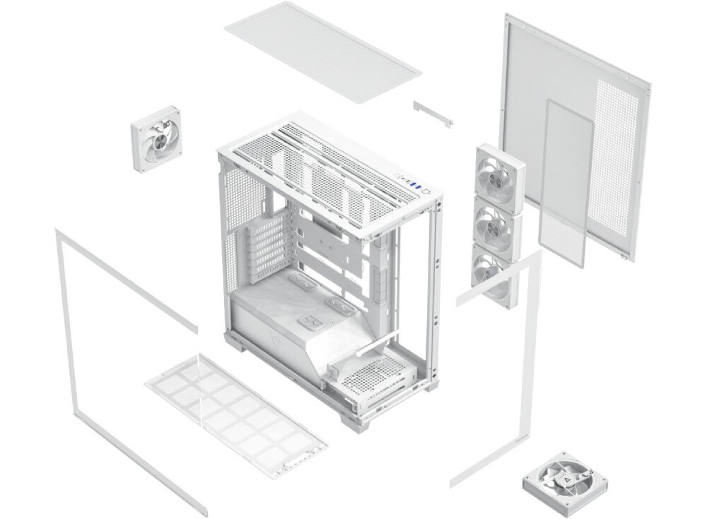 Obraz przedstawia rozłożoną na części obudowę komputerową w kolorze białym, z widocznymi panelami bocznymi, wentylatorami i elementami montażowymi. Obudowa ma perforowane panele i miejsce na kilka wentylatorów.