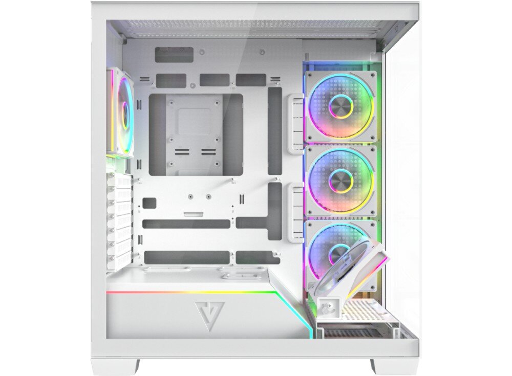 Biała obudowa komputerowa z przezroczystym panelem bocznym, wyposażona w cztery wentylatory z podświetleniem ARGB. Na dolnym panelu widoczne jest logo w kształcie litery V.