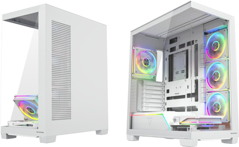 Biała obudowa komputerowa z przezroczystym panelem bocznym, ukazującym wnętrze z trzema wentylatorami z podświetleniem ARGB. Na obudowie widoczne jest logo \'VOLCANO\'.