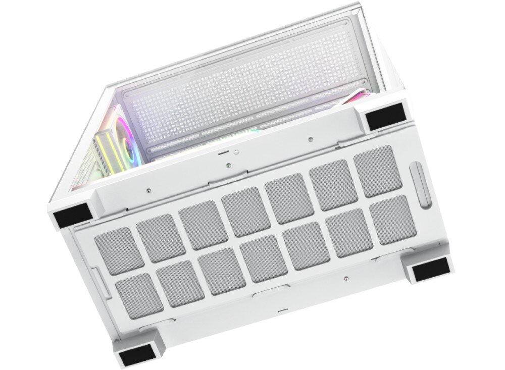 Biała obudowa komputerowa z widocznymi panelami wentylacyjnymi i podświetleniem ARGB. Obudowa posiada cztery czarne nóżki na rogach.