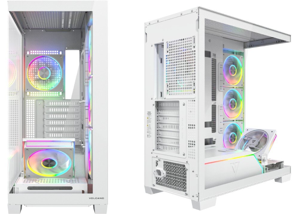 Biała obudowa komputerowa z przezroczystym panelem bocznym, wyposażona w wentylatory z podświetleniem ARGB. Na dolnej części obudowy widoczne jest logo \'VOLCANO\'.