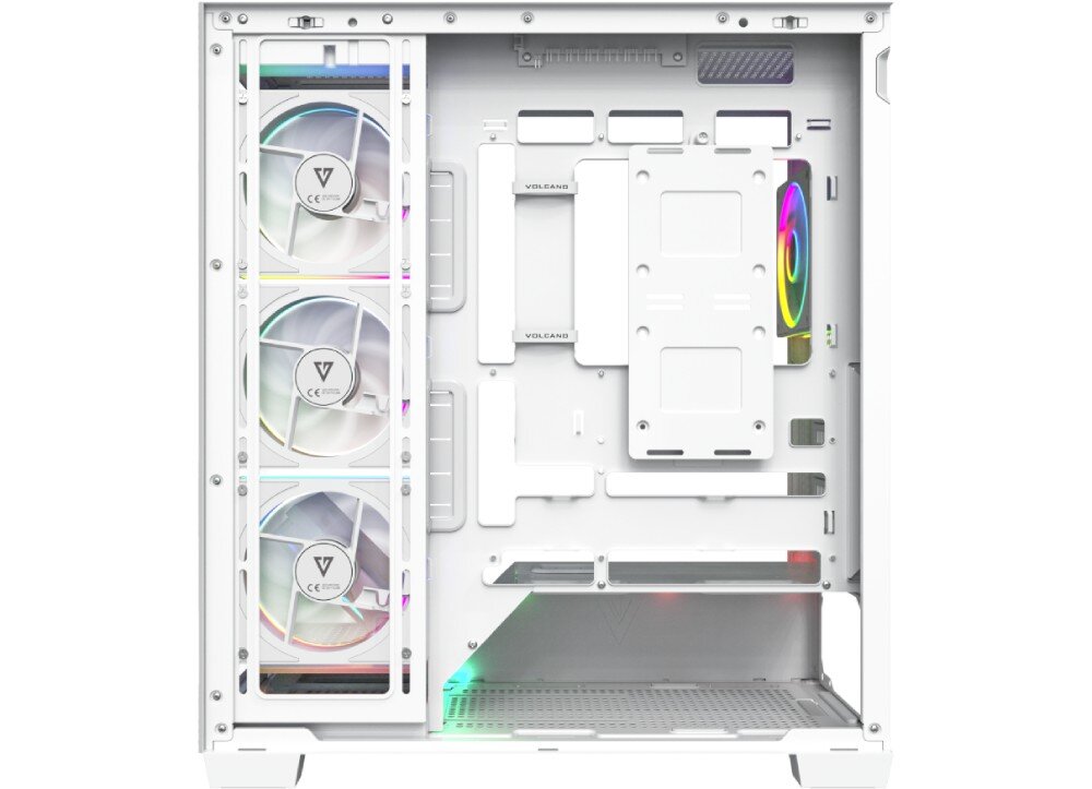 Biała obudowa komputerowa z trzema wentylatorami z podświetleniem ARGB z przodu i jednym z boku. Wnętrze obudowy jest przestronne, z miejscem na komponenty i widocznymi napisami \'VOLCANO\'.
