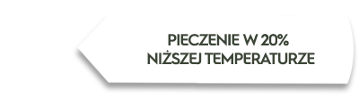 Obraz przedstawia biały prostokąt z czarnym obramowaniem, na którym znajduje się tekst: \'PIECZENIE W 20% NIŻSZEJ TEMPERATURZE\'.