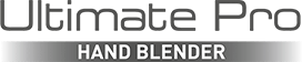 Logo z napisem \'Ultimate Pro HAND BLENDER\' w kolorze szarym na czarnym tle.