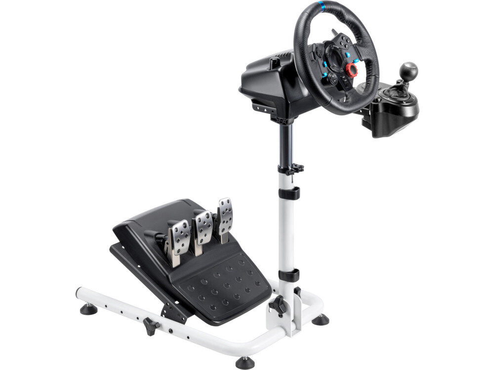 Stojak pod kierownicę z zamontowaną kierownicą, pedałami i dźwignią zmiany biegów. Konstrukcja jest metalowa, w kolorze białym i czarnym.