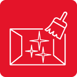 Czerwona ikona z białym konturem prostokąta, wewnątrz którego znajdują się trzy błyszczące gwiazdki i symbol miotły.