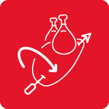 Czerwony kwadrat z białą ikoną przedstawiającą kurczaka z dwoma udami i strzałką wskazującą obrót.