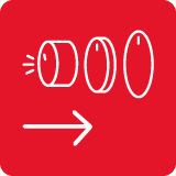 Czerwona ikona z białymi symbolami przedstawiającymi trzy okręgi i strzałkę skierowaną w prawo.