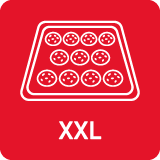 Czerwona ikona z białym symbolem blachy do pieczenia z ciastkami oraz napisem \'XXL\' poniżej.