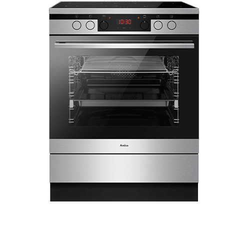 Kuchnia elektryczna z płytą indukcyjną i piekarnikiem, wykończona w kolorze srebrnym. Na froncie widoczny jest wyświetlacz z godziną 10:30 oraz logo Amica.
