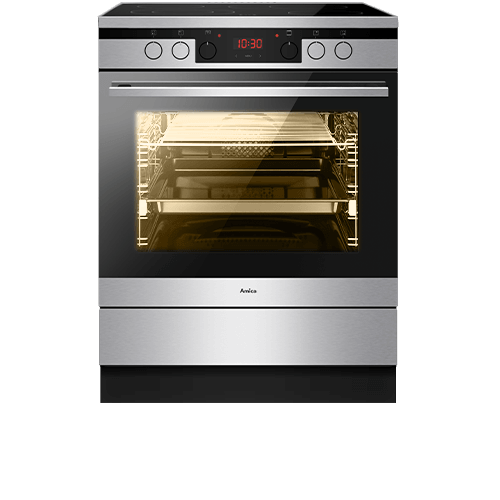 Kuchnia elektryczna z płytą indukcyjną i piekarnikiem, wyświetlacz pokazuje godzinę 10:30. Na drzwiach piekarnika widoczne jest logo Amica.