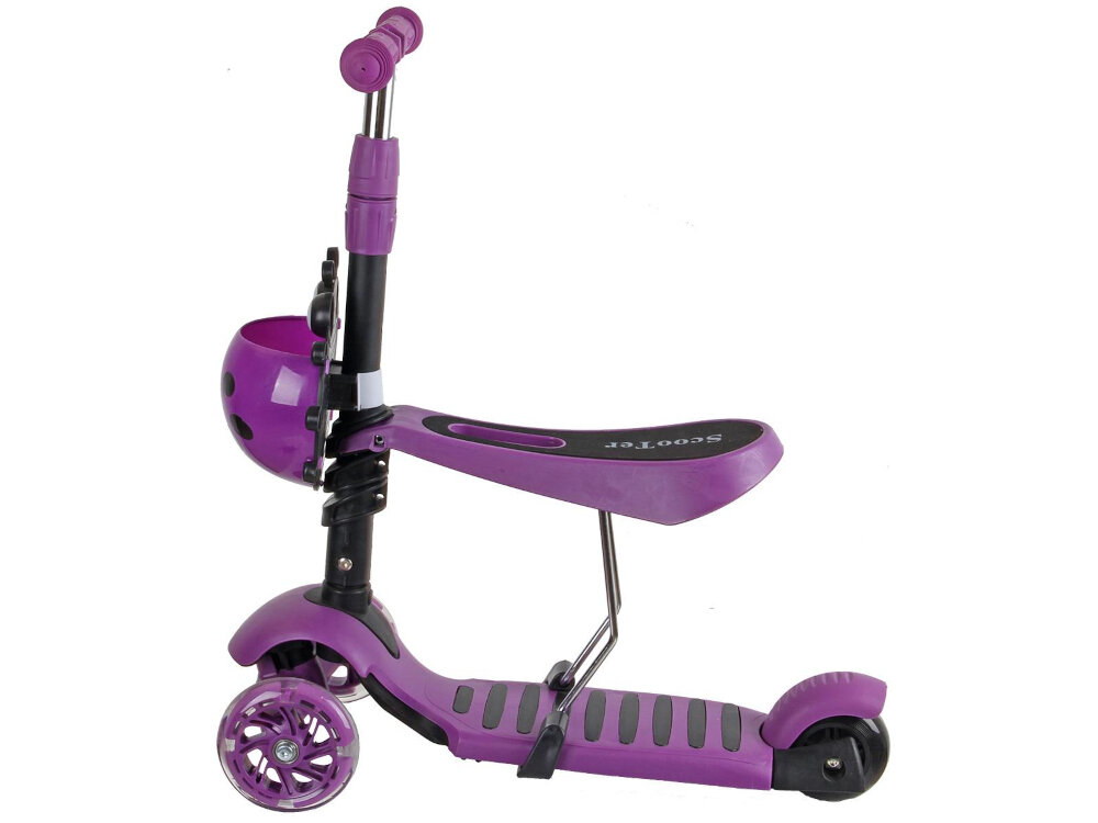 Fioletowa hulajnoga dziecięca z trzema kołami i regulowaną kierownicą. Na platformie widoczny jest napis \'SCOOTER\'.