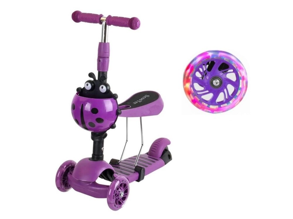 Fioletowa hulajnoga dla dzieci z motywem biedronki na przodzie i świecącymi kołami. Na podeście widoczny jest napis \'SCOOTER\'.