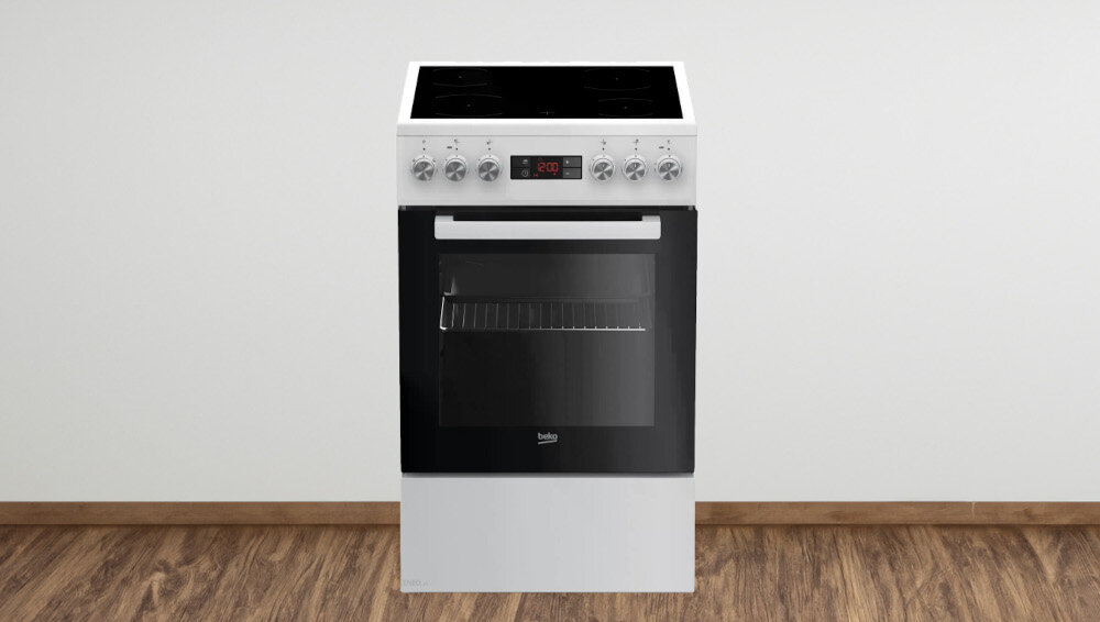 Na obrazie widoczna jest biała kuchnia wolnostojąca z czarnym frontem piekarnika i płytą grzewczą. Na froncie znajduje się logo \'beko\' oraz panel z pokrętłami i wyświetlaczem cyfrowym.