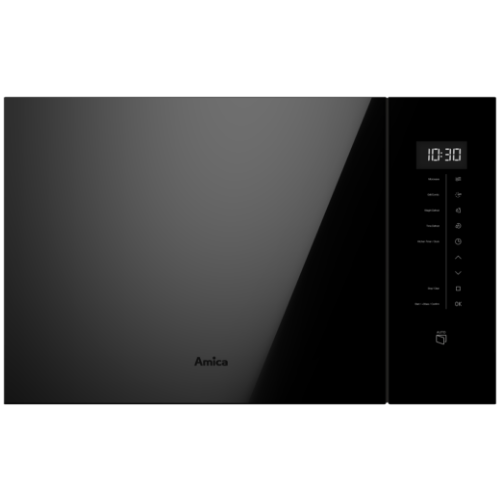 Czarna kuchenka mikrofalowa z panelem dotykowym po prawej stronie, na którym wyświetlany jest czas 10:30. Na drzwiach widoczne jest logo \'Amica\'.