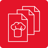 Ikona przedstawia trzy białe kartki papieru z symbolem kucharskiej czapki na czerwonym tle.