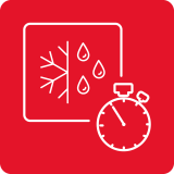 Czerwona ikona przedstawiająca symbol płatka śniegu, kropli wody i zegara na kwadratowym tle.