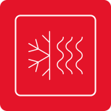 Czerwona ikona z białym symbolem przedstawiającym po lewej stronie płatek śniegu, a po prawej faliste linie, oddzielone pionową linią.