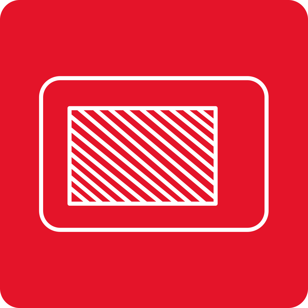 Czerwony kwadrat z białym konturem prostokąta, wewnątrz którego znajdują się ukośne białe linie.