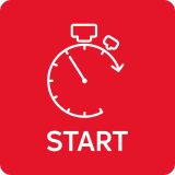 Czerwona ikona z białym symbolem stopera i napisem \'START\'.