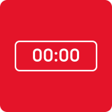 Czerwony kwadrat z białym obramowaniem prostokąta, wewnątrz którego znajduje się biały napis \'00:00\'.