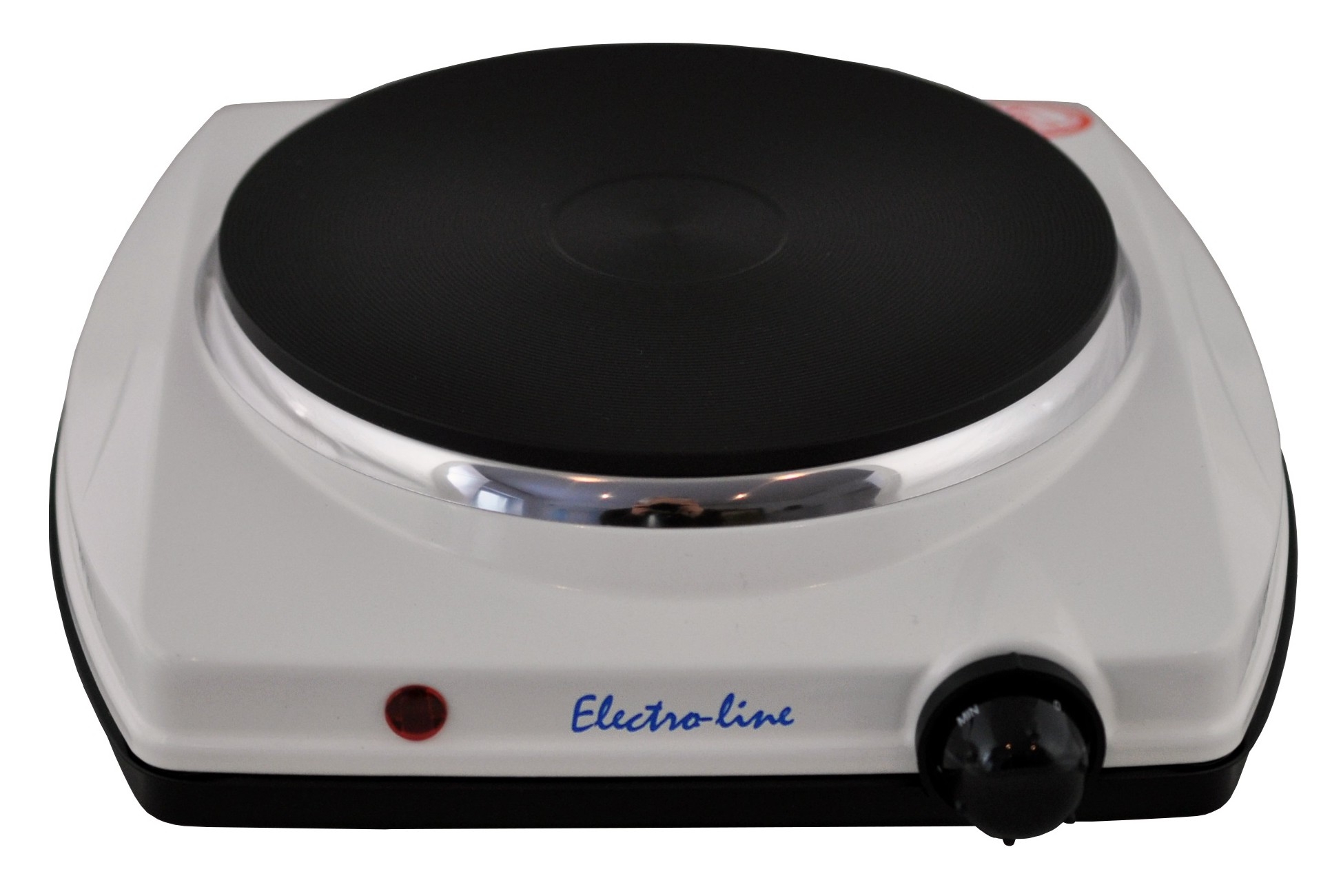 Na obrazie widoczna jest biała kuchenka nastawna z jednym czarnym palnikiem. Na obudowie znajduje się napis \'Electro-line\' oraz czerwony wskaźnik świetlny.