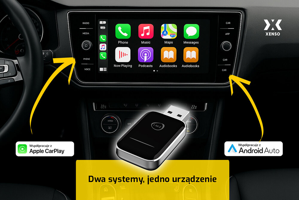 XENSO M1 Apple CarPlay (iPhone od modelu 6, iOS 10.0+) Android Auto (Android 10.0+, wybrane modele od 11.0) przewodowy CarPlay - adapter na tle radia