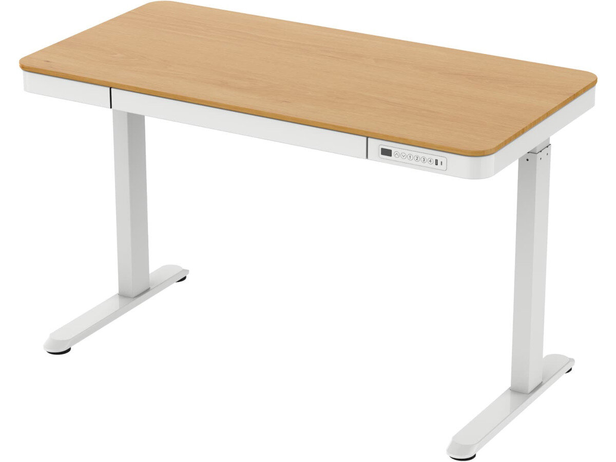 Biurko z blatem w kolorze brązowym i białymi nogami. Na krawędzi znajduje się panel sterujący z przyciskami.