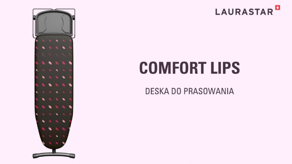 Obraz przedstawia deskę do prasowania z ciemnym pokrowcem ozdobionym wzorem w czerwone kropki. Obok widnieje tekst: \'COMFORT LIPS DESKA DO PRASOWANIA\' oraz logo \'LAURASTAR\'.