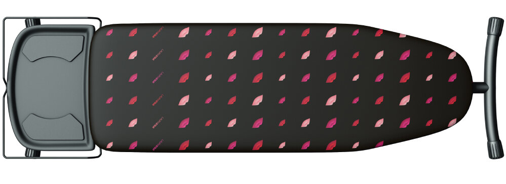 Deska do prasowania z czarnym pokrowcem ozdobionym wzorem w kolorowe usta. Posiada metalowy stelaż i uchwyt na żelazko.